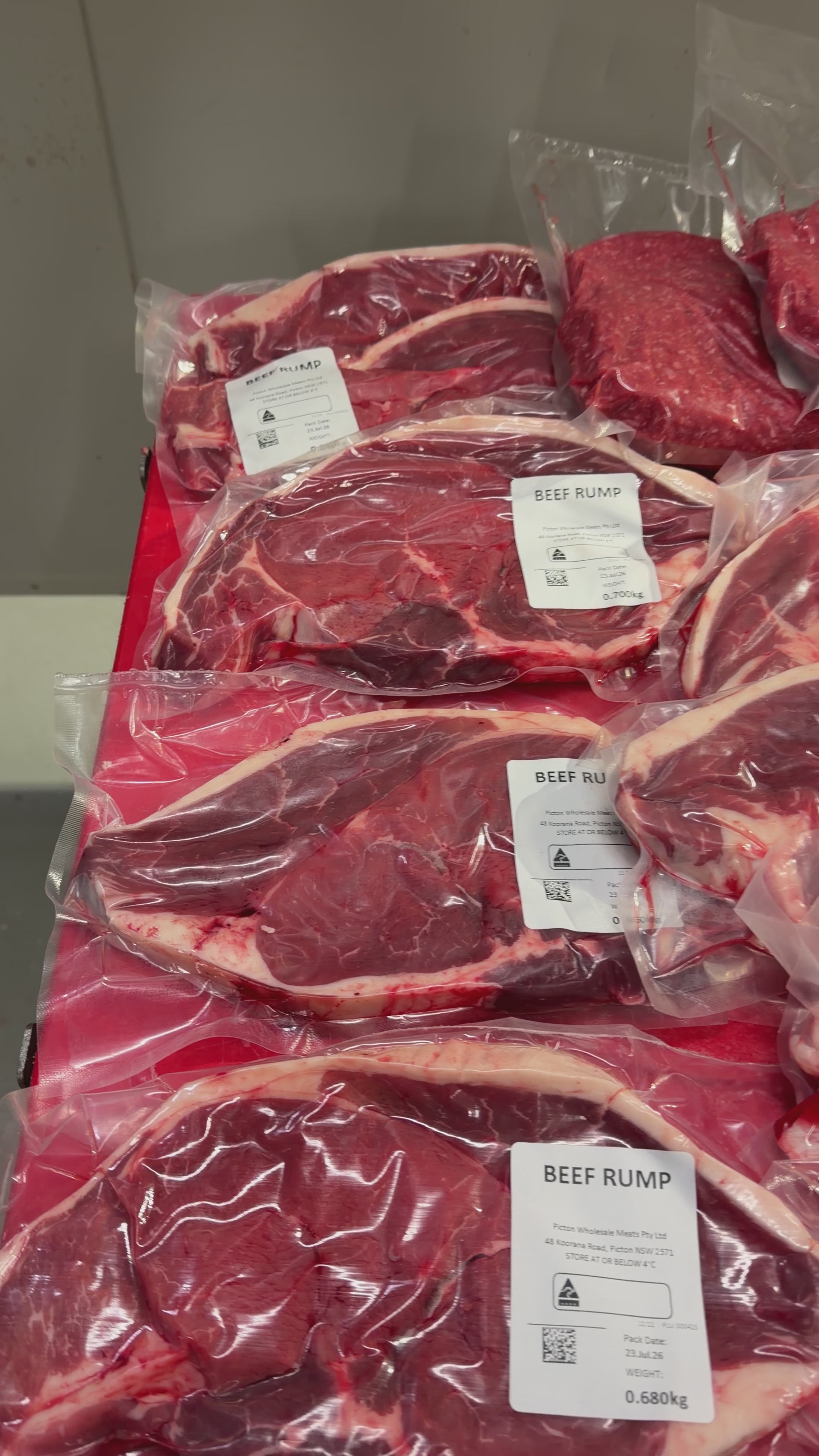 T-bone steaks, rump steaks, new york steaks, mince and sausages individually packed and labelled.